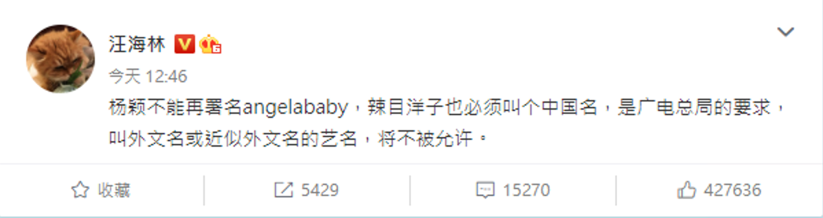 編劇汪海琳透露，藝人改名其實是中國廣電總局的要求。（翻攝自汪海林微博）