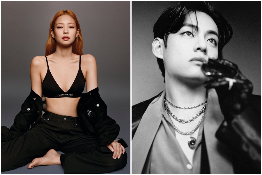 BLACKPINK成員Jennie（左）與BTS成員V（右）的戀情鬧得沸沸揚揚。（左圖翻攝自推特@CalvinKlein，右圖翻攝自推特@thv_lvr）