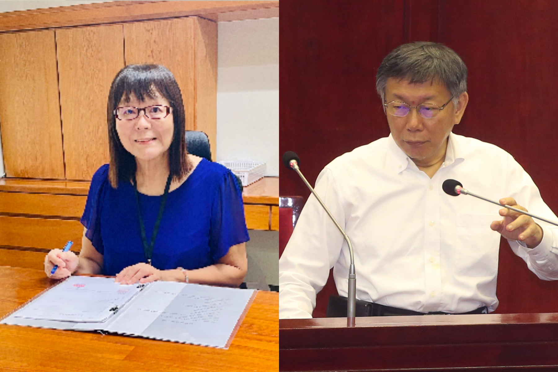 柯文哲（右）今宣布，原觀光傳播局副局長李麗珠（左）將接任文化局長一職。（左圖為文化局提供、右圖為本刊資料照）