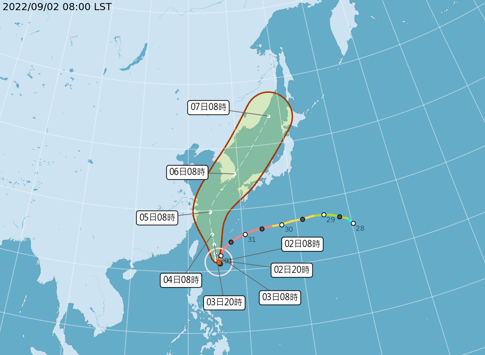 軒嵐諾今早8點的中心位置在北緯21.5度,東經125.4度,即在鵝鑾鼻的東方約470公里之處。(氣象局提供)