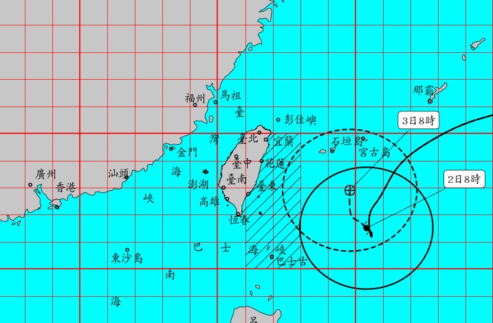 中央氣象局今（2）日上午8點30分發布海上颱風警報。（氣象局提供）
