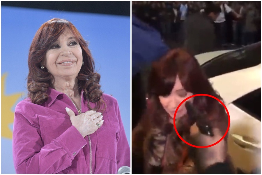 阿根廷副總統克莉絲蒂娜．費南德茲突遭襲擊者持槍指頭威脅。（左圖翻攝自推特@CFKArgentina，右圖翻攝自推特）