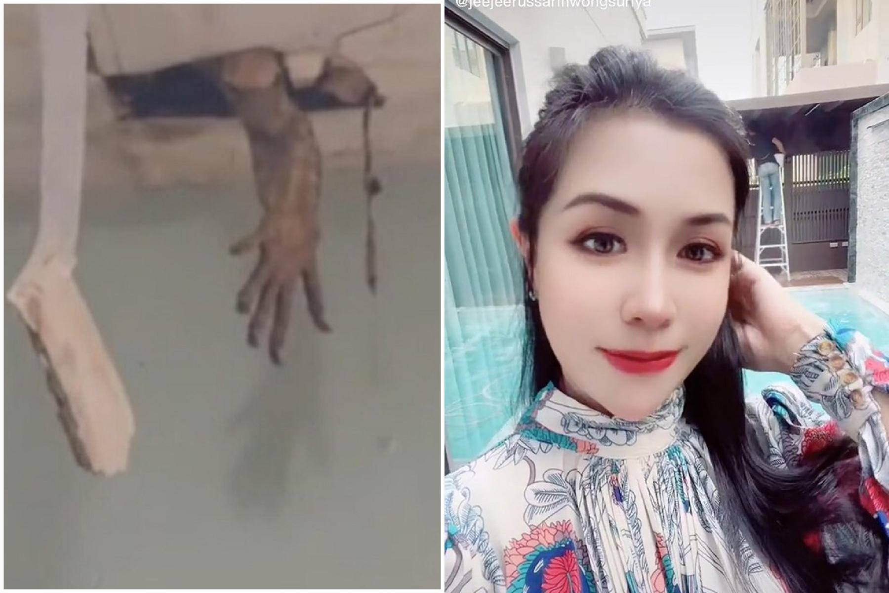 驚！家裡天花板突現「鬼之手」嚇壞正妹，真相竟與「哥吉拉」有關。（翻自TikTok）