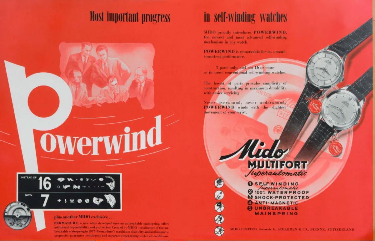 1954年,美度與協力機芯製作廠A. Schild SA共同推出名為Powerwind的自動上鍊機芯,大幅減少機芯部件,增加耐用性並且讓維修上更便利。