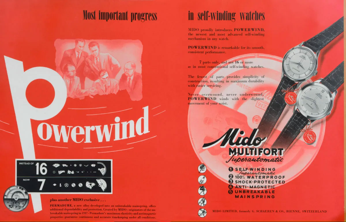 1954年,美度與協力機芯製作廠A. Schild SA共同推出名為Powerwind的自動上鍊機芯,大幅減少機芯部件,增加耐用性並且讓維修上更便利。