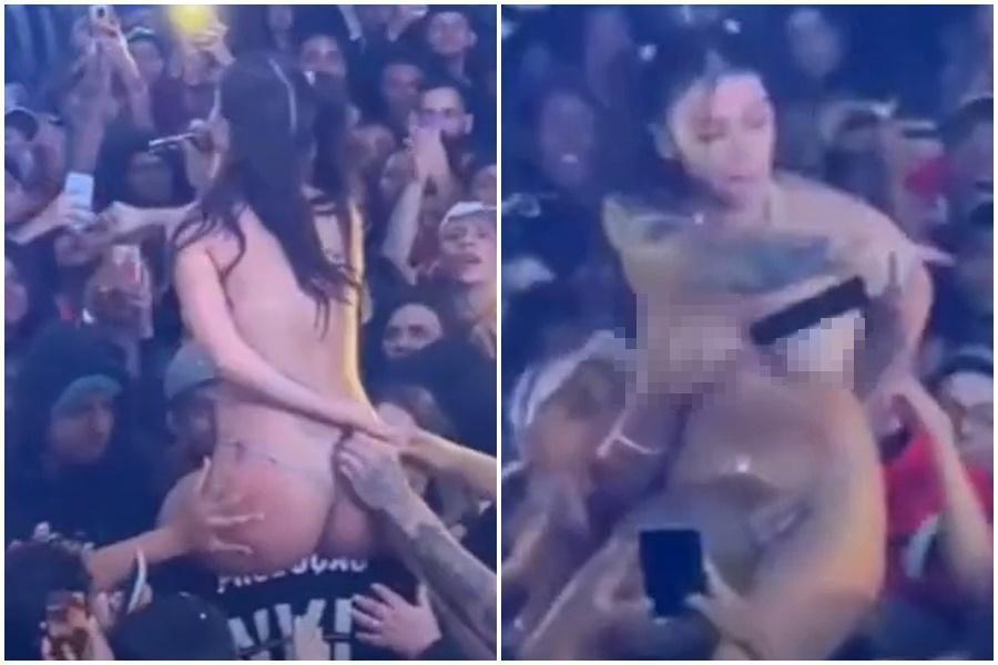 巴西女歌手皮波姬妮雅幾乎全裸下台與觀眾互動，卻引來各種鹹豬手襲擊，最後連丁字褲都沒了。（翻攝自推特）