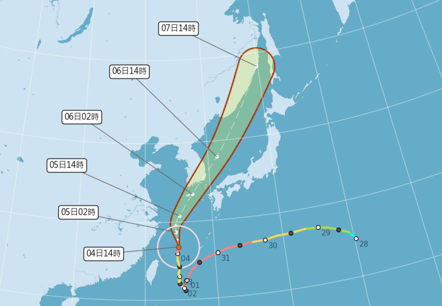 強烈颱風「軒嵐諾」逐漸遠離，若颱風行徑未變化，預計於今（4日）晚8點30分解除海上警報。（翻攝自氣象局）