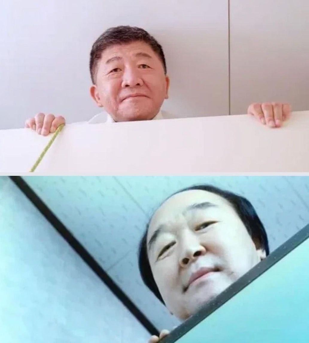 陳時中從廁所門縫竄出頭的畫面（上圖）讓人想起韓國電影《熔爐》性侵學生的校長（下圖）。（陳時中辦公室提供／翻攝網路）