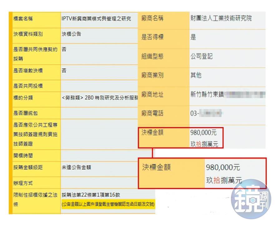 NCC委託案的決標金額僅98萬元。(翻攝政府電子採購網)