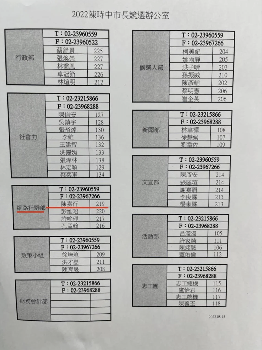 陳時中競選團隊中的社群負責人有「焦糖哥哥」陳嘉行。(翻攝徐巧芯臉書)