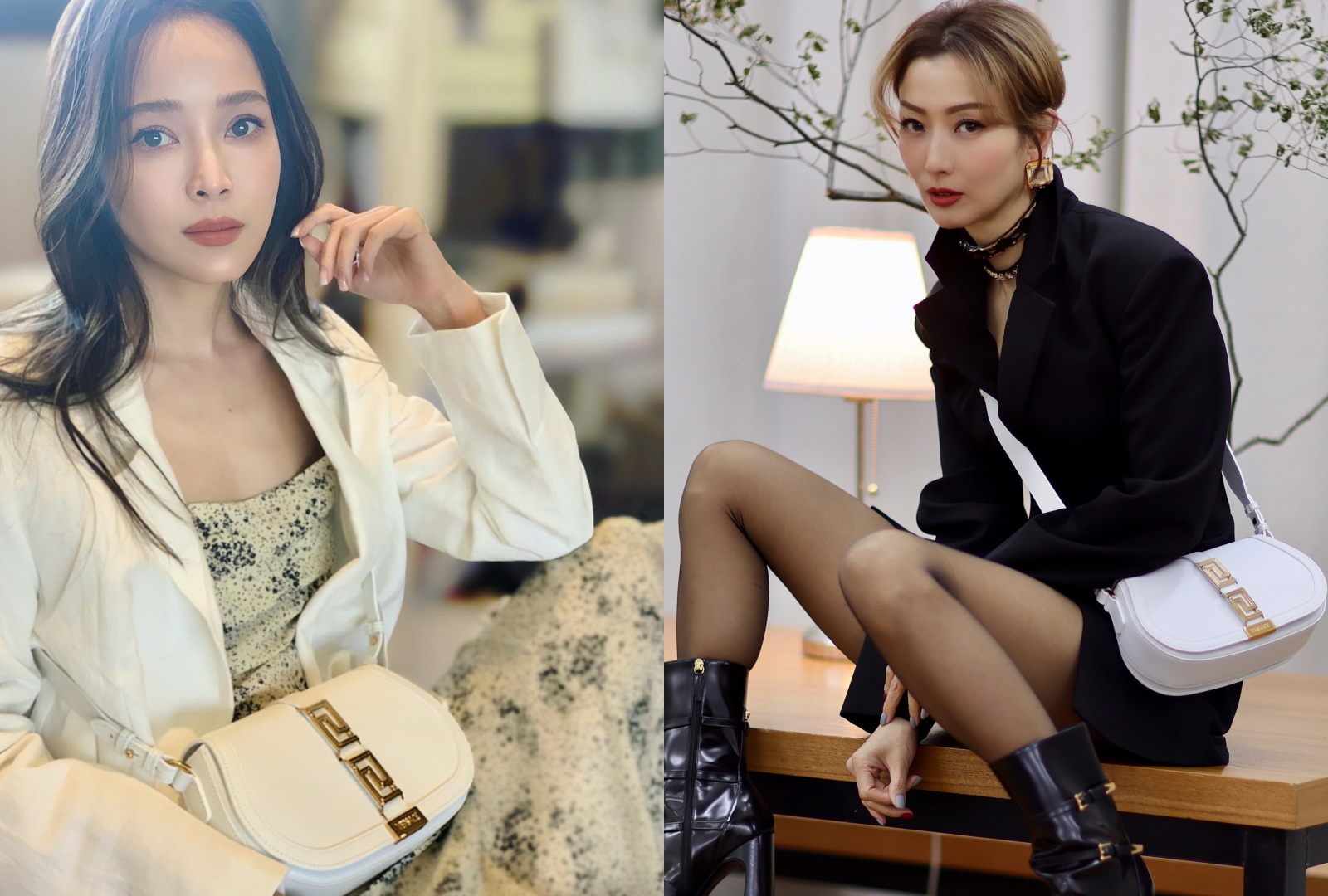 侯佩岑（左）、鄭秀文看上同一款包。Greca Goddess白色迷宮女神肩背包NT$94,000（VERSACE提供）