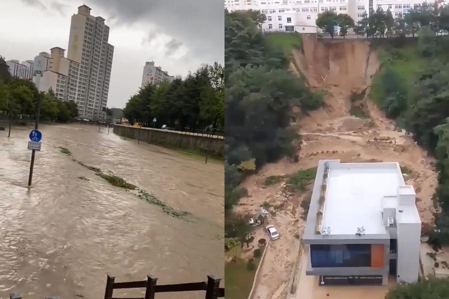 軒嵐諾登陸南韓,各地淹水、停電災情不斷。(翻攝自twitter)
