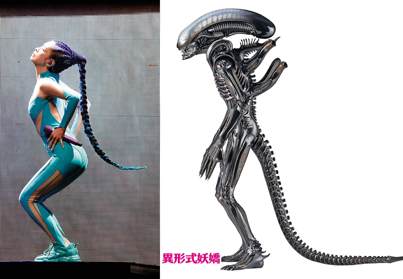 徐若瑄這一條犀利長辮，莫非異形女王4 ni？（抖）《異形》系列電影是許多人的童年陰影。（遮眼）（翻攝自Twitter）