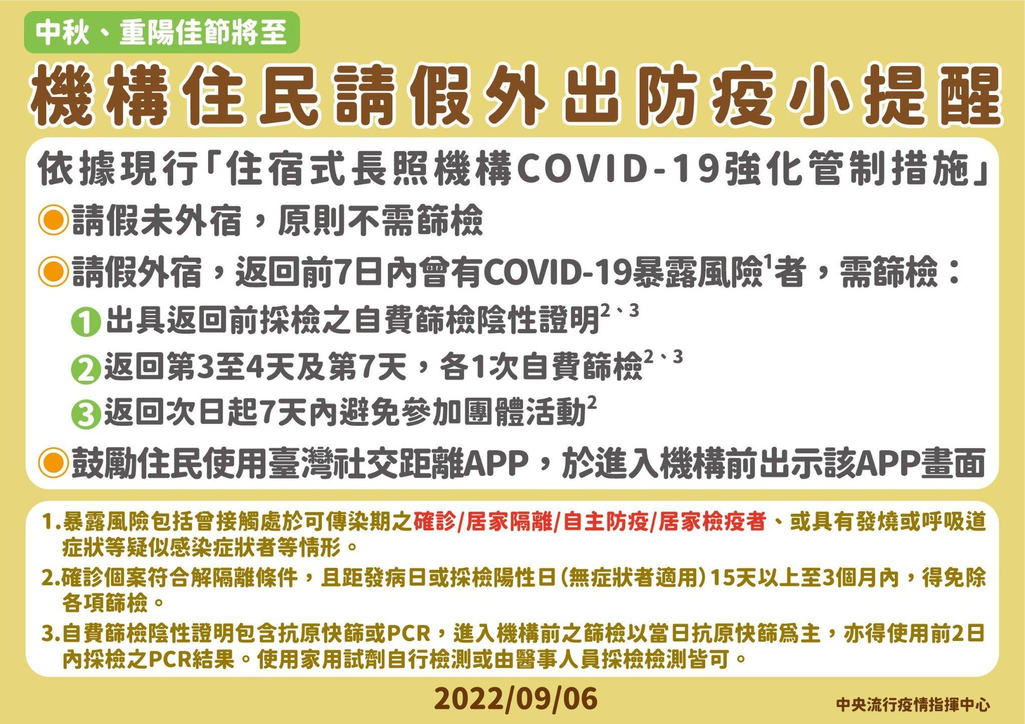 指揮中心說明中秋節住宿式機構住民外出指引。(指揮中心提供)