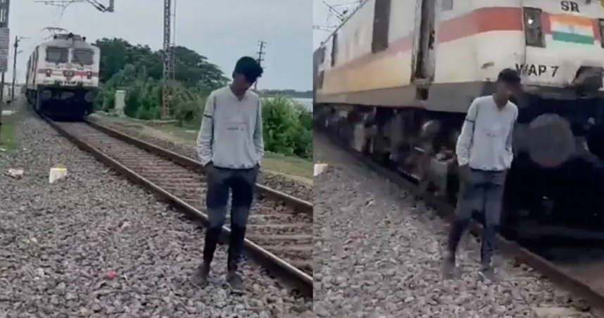 近日一名17歲少年為了拍文青影片，危險在火車鐵軌旁擺姿勢，沒想到下秒就被火車撞飛。（翻攝自推特）