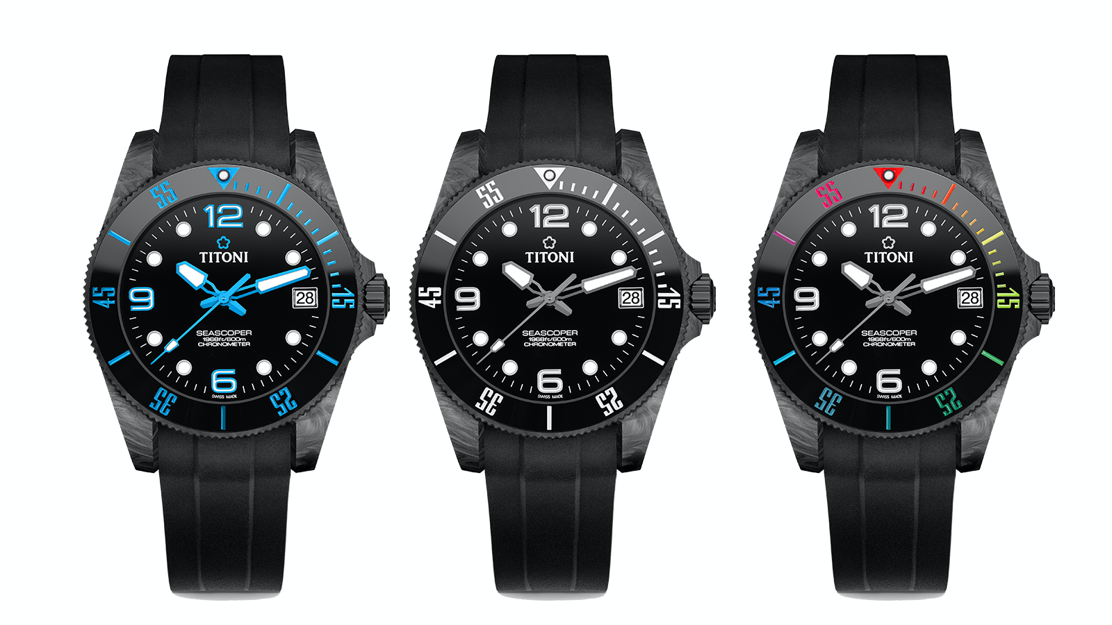 TITONI Seascoper CarbonTech｜錶徑42mm／碳纖維錶殼、陶瓷錶圈／時、分、秒、日期指示／T10自動上鍊機芯／C.O.S.C.瑞士官方天文台認證／動力儲存約72小時／防水600米／定價NT$99,000（黑、藍）NT$104,000（彩虹款）