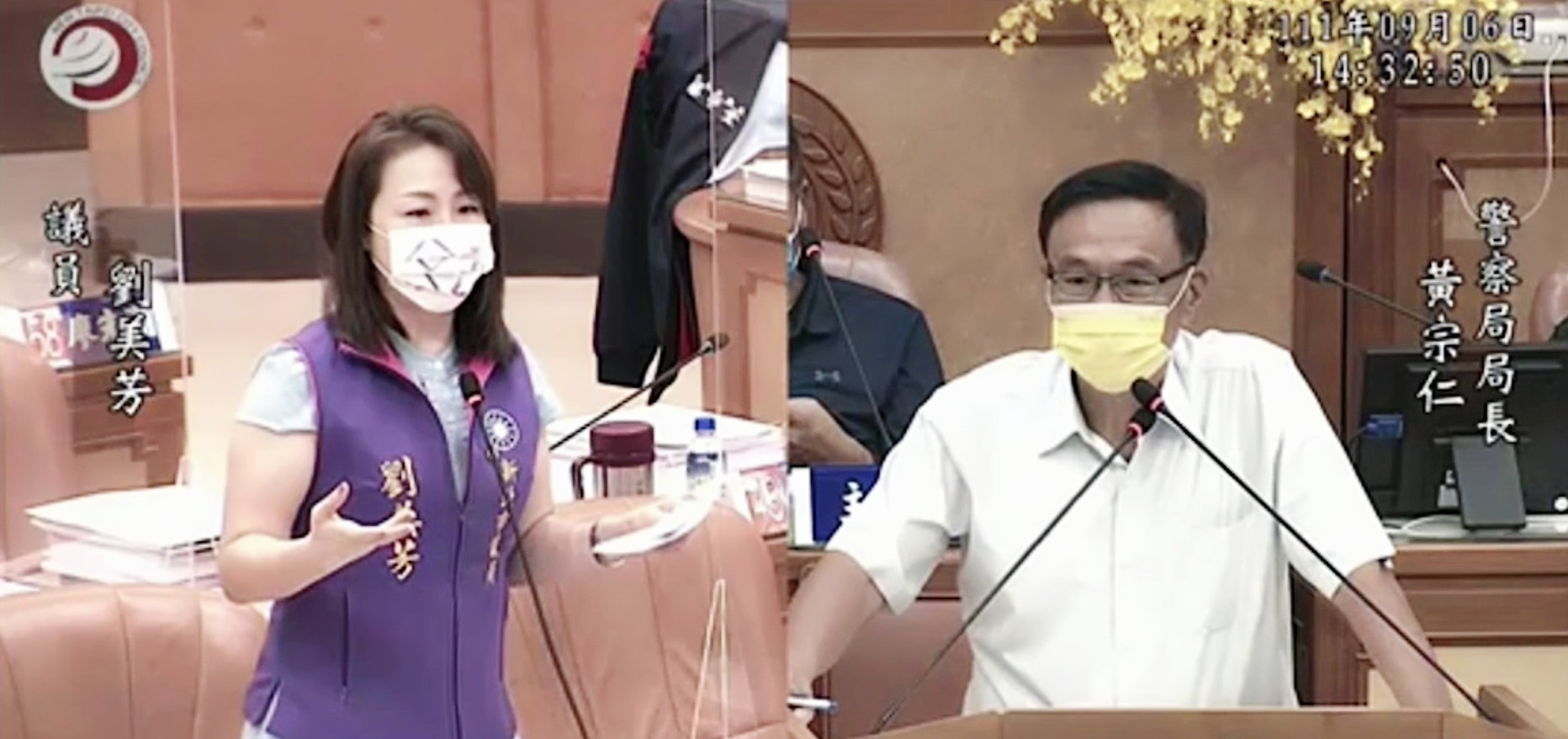 新北市議員劉美方質詢新北市警察局長黃宗仁,認為當用槍與否成疑慮時,電擊槍也許是近身攻擊時可以考慮的抵禦設備。(翻攝翻攝新北市議會網站)