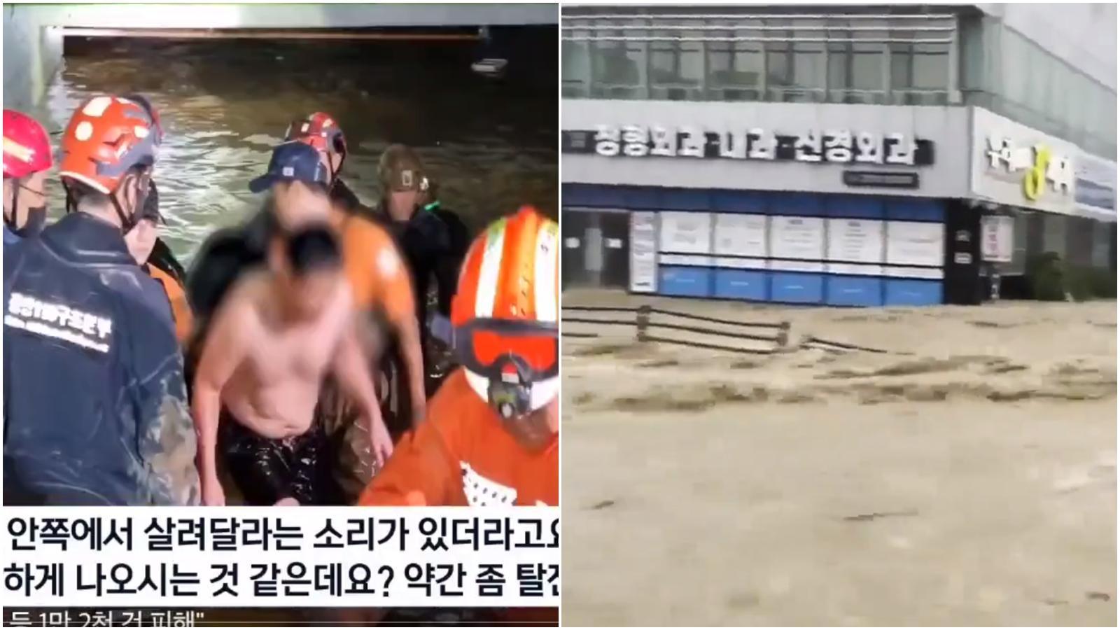 「軒嵐諾」重創慶尚北道浦項市，水灌入地下停車場釀7死，左為倖存者被救出。（翻攝自MBC YouTube、推特）