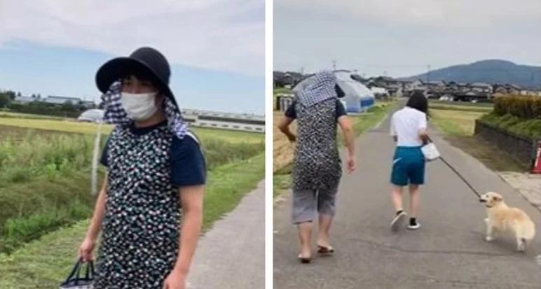 男網友異想天開穿上奶奶的碎花衣服騙家中狗狗出門。（翻攝自抖音）