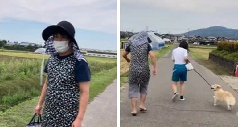 男網友異想天開穿上奶奶的碎花衣服騙家中狗狗出門。（翻攝自抖音）