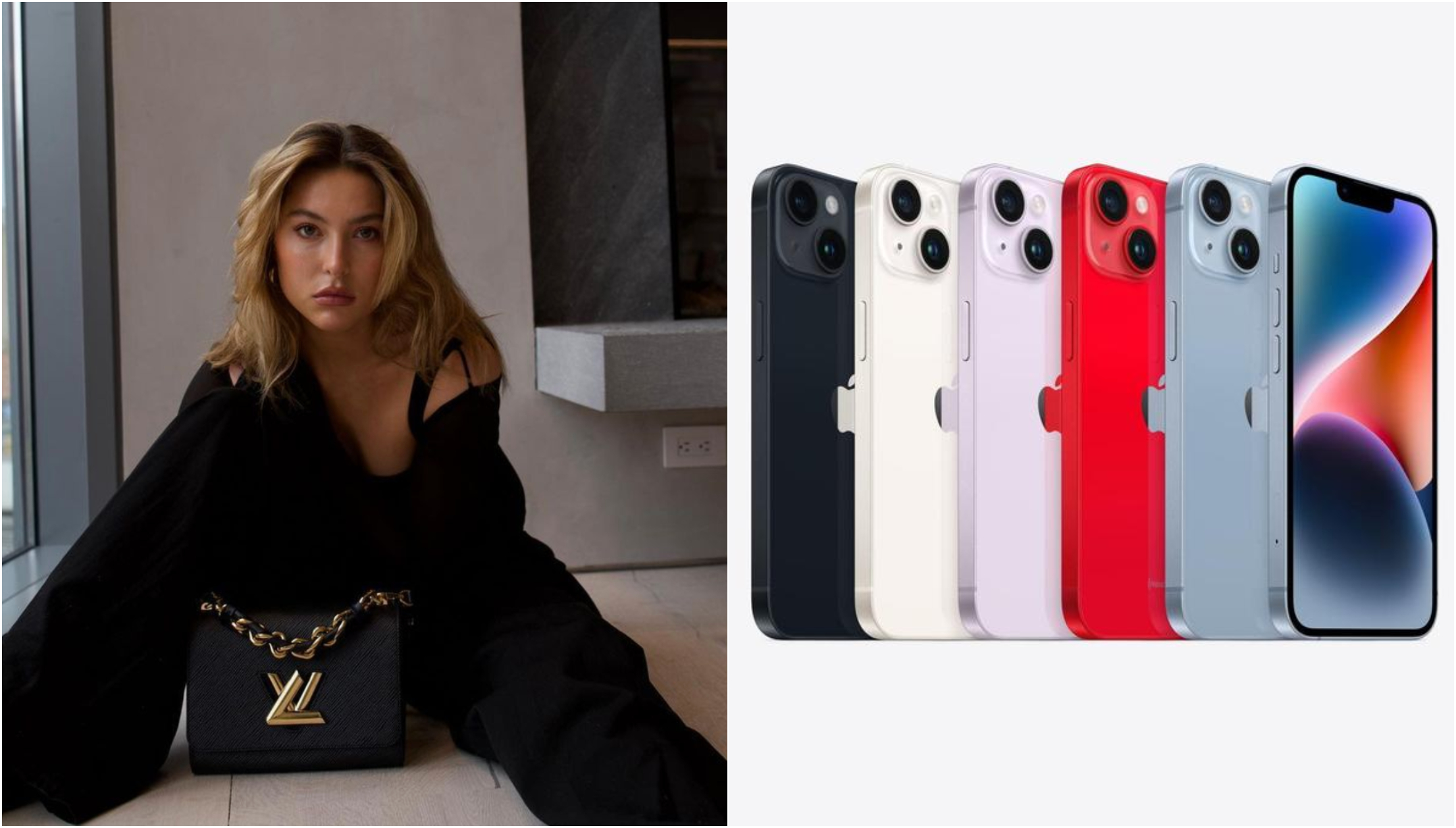 賈伯斯的女兒伊芙（左圖）吐槽iPhone14（右圖）。（翻攝Eve Jobs IG、蘋果官網）