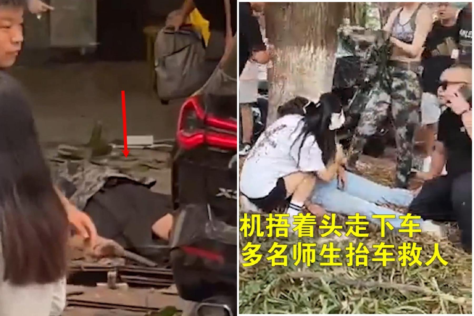 女老師開車暴衝撞飛「人肉保齡球」,多人被捲車底輾壓!現場慘況曝光。(翻自微博)