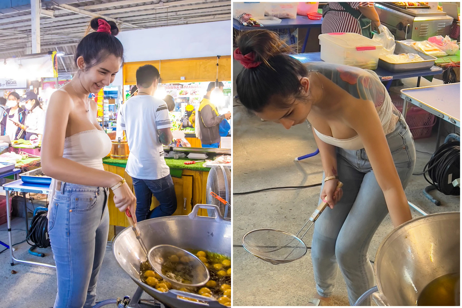 妹子創業賣炸巨蛋，「胸前的奶蛋」太誘人！乳巨聚人心。（翻自《Sanook》）