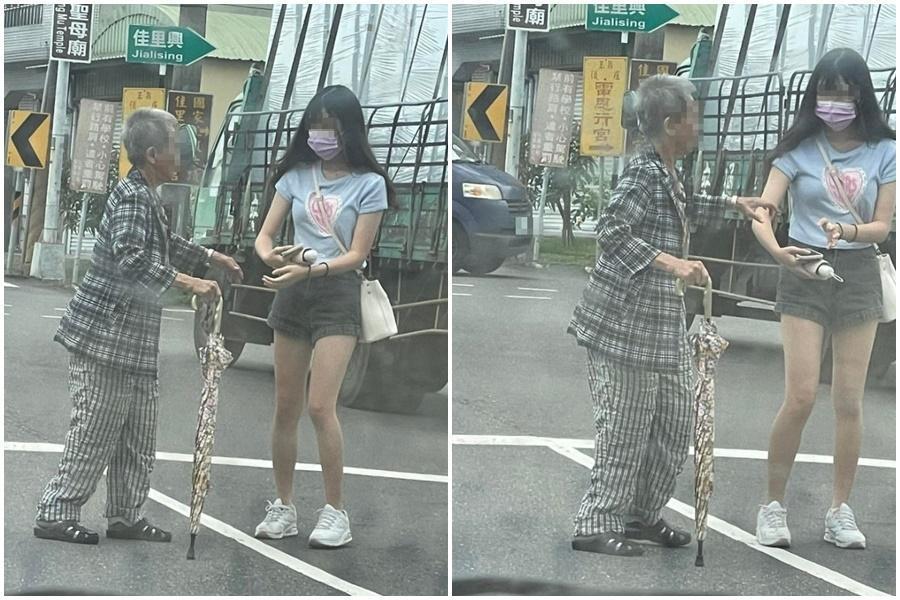 一名長髮妹子扶老奶奶過馬路,掀起討論。(翻攝自爆廢公社)