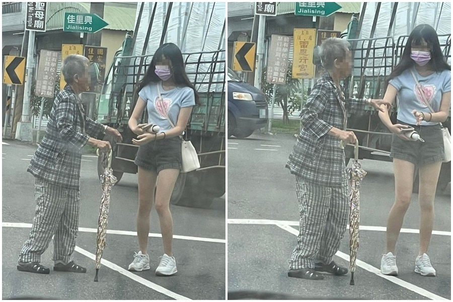 一名長髮妹子扶老奶奶過馬路，掀起討論。（翻攝自爆廢公社）