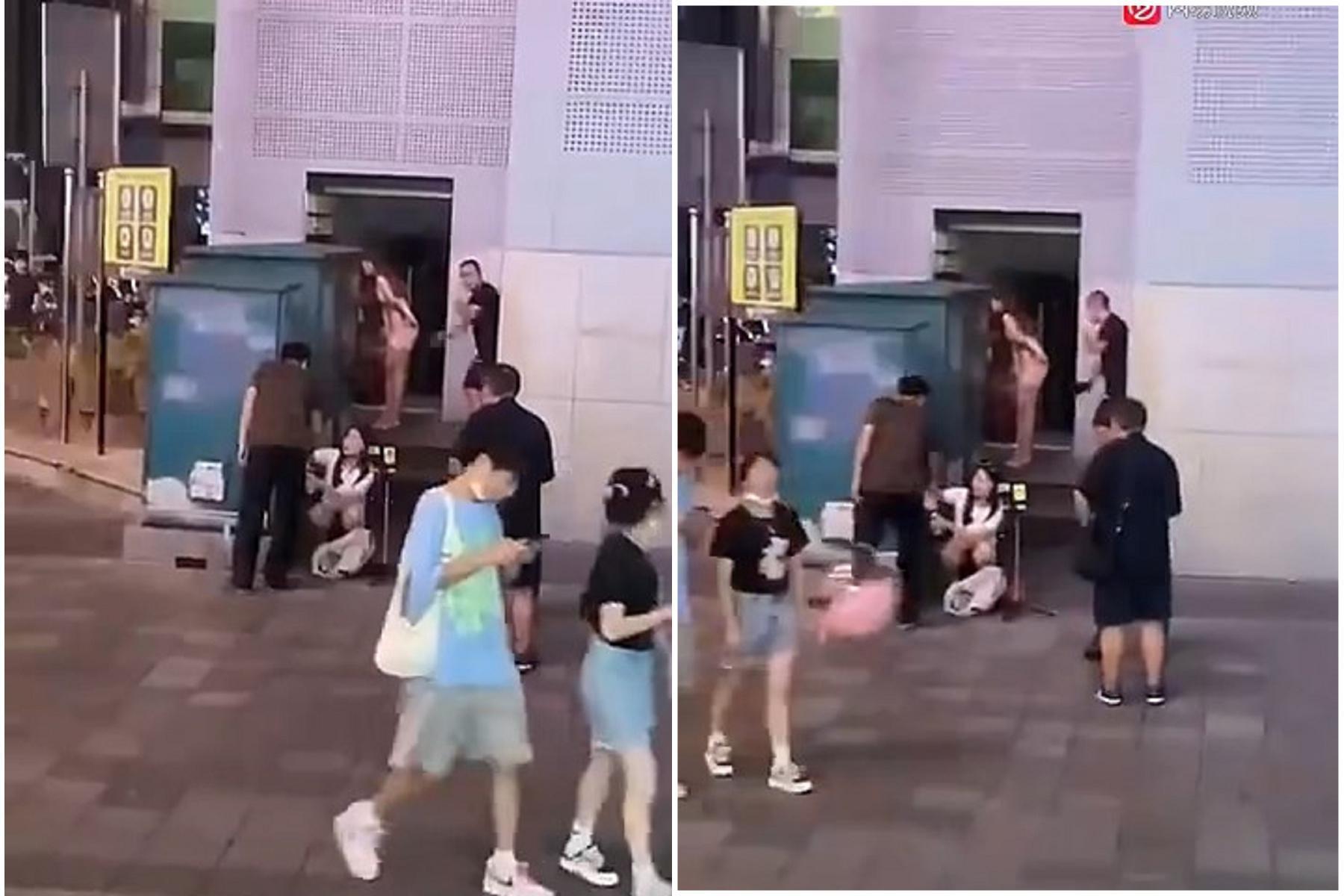 長腿妹當眾被「鞭數十」,有網友猜測應是在做直播。(翻自微博)