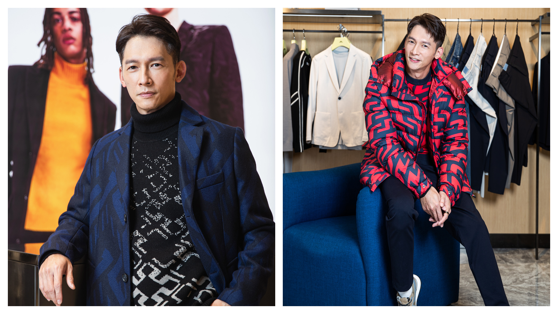 溫昇豪出席J. LINDEBERG秋冬鑑賞會，身穿左：解構圖騰緹花羊毛大衣 NT$24,800、橋型棋盤漸層針織衫 NT$7,480、彈力棉針織錐形長褲 NT$6,480；右：律動圖騰針織衫 NT$6,480、律動圖騰羽絨外套 NT$22,800、彈力棉針織錐形長褲 NT$6,480、經典Logo運動鞋 NT$9,980。（J. LINDEBERG提供）