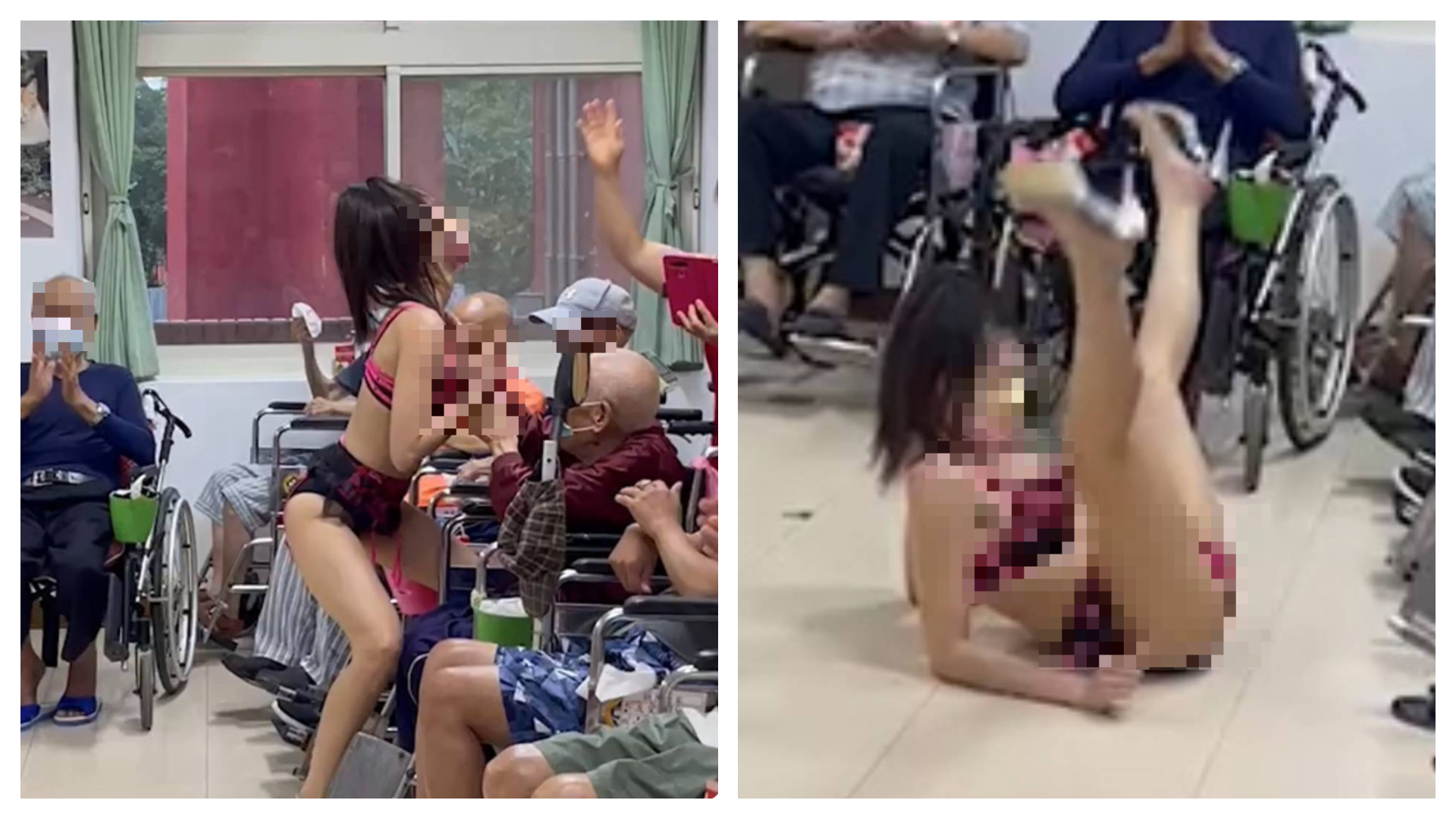 辣妹舞者在地上施展「M字腿」等充滿性暗示的舞蹈給老人觀賞。（翻攝畫面）