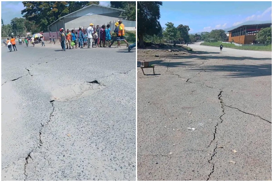 巴布亞紐幾內驚傳強震，可看到路上震出一道道裂痕。（翻攝自推特@TheInsiderPaper）