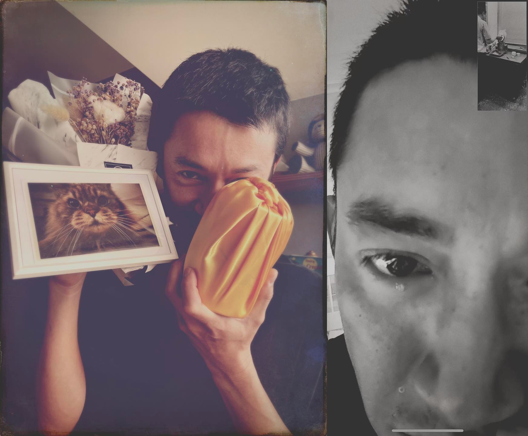 吳慷仁在愛貓大福離世時不在牠身邊，火化等身後事由女友邵雨薇處理，吳慷仁以視訊參與。（翻攝自吳慷仁臉書）