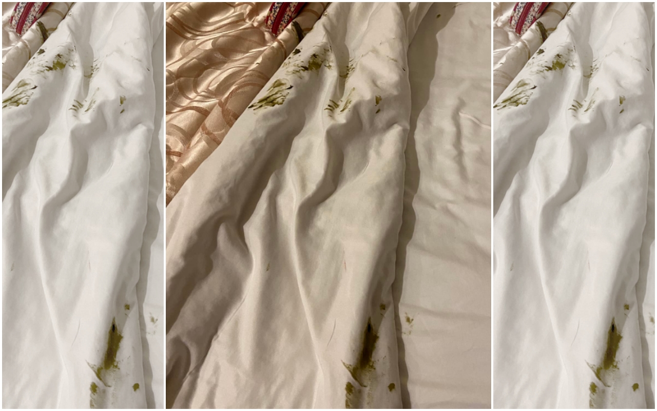 家長帶8個月大嬰兒入住馬祖民宿，未料小孩「炸屎」，沾得棉被都是大便。（翻攝自Dcard）