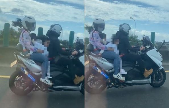 重機4貼、小孩無安全帽引發網友撻伐。（翻攝自爆料公社臉書）