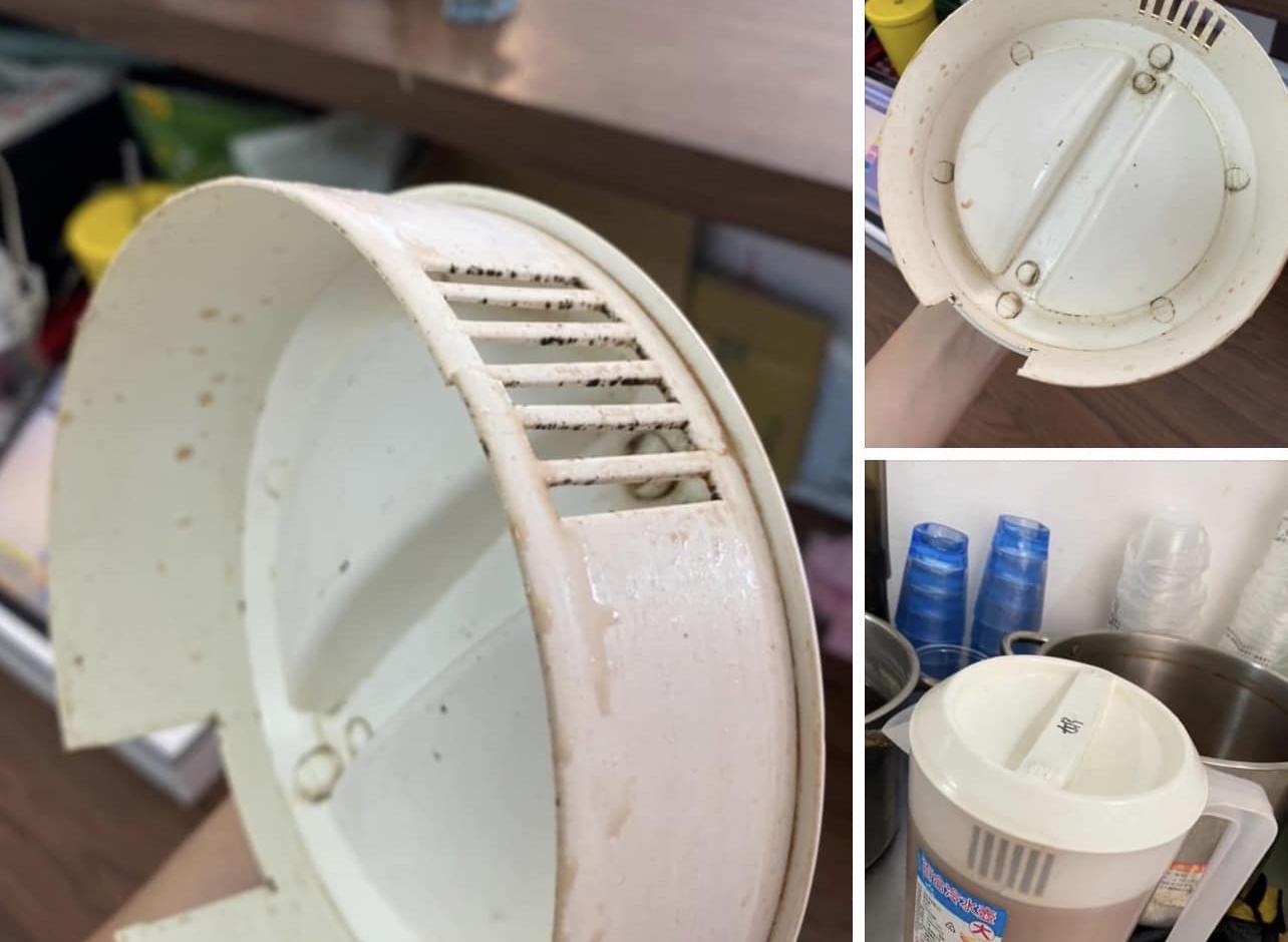 有人po出一張早餐店盛裝奶茶的大容器照片,只見容器的蓋子上頭布滿許多黑點髒汙。(翻攝自爆廢公社公開版)