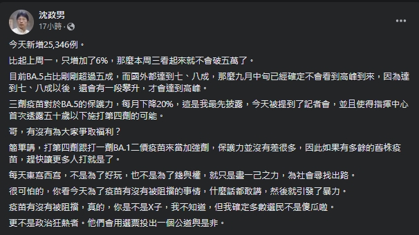 沈政男指出，「3劑疫苗對於BA.5的保護力，每月下降20%」（翻攝自沈政男臉書）
