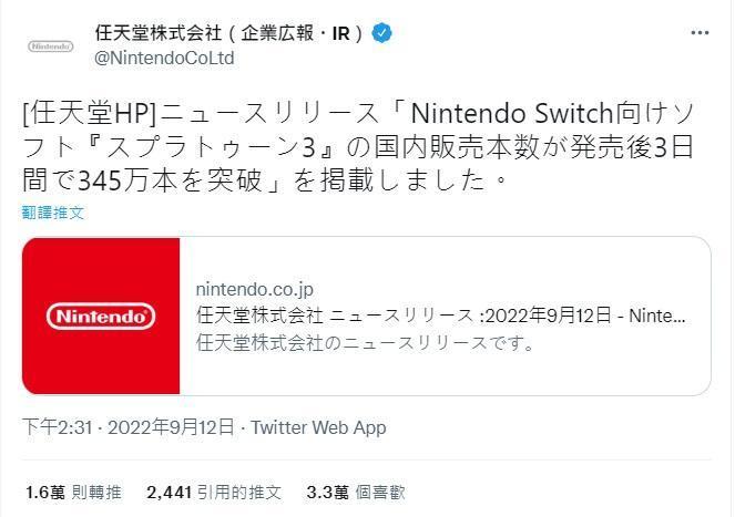 任天堂發布《斯普拉遁3》的熱賣消息。(翻攝自Twitter@NintendoCoLtd)