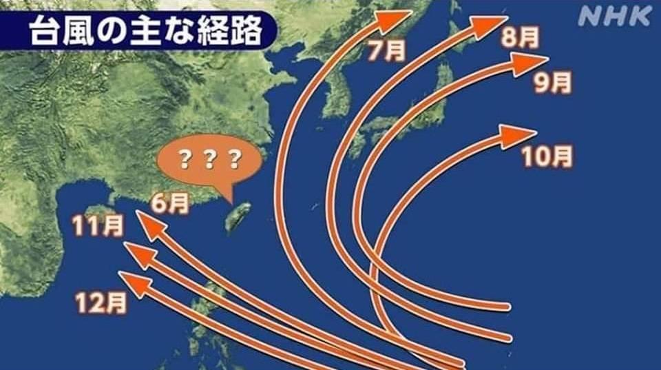 《NHK》製作的颱風路徑圖完美略過台灣，被網友在台灣上方加了「？？？」（翻攝自臉書）