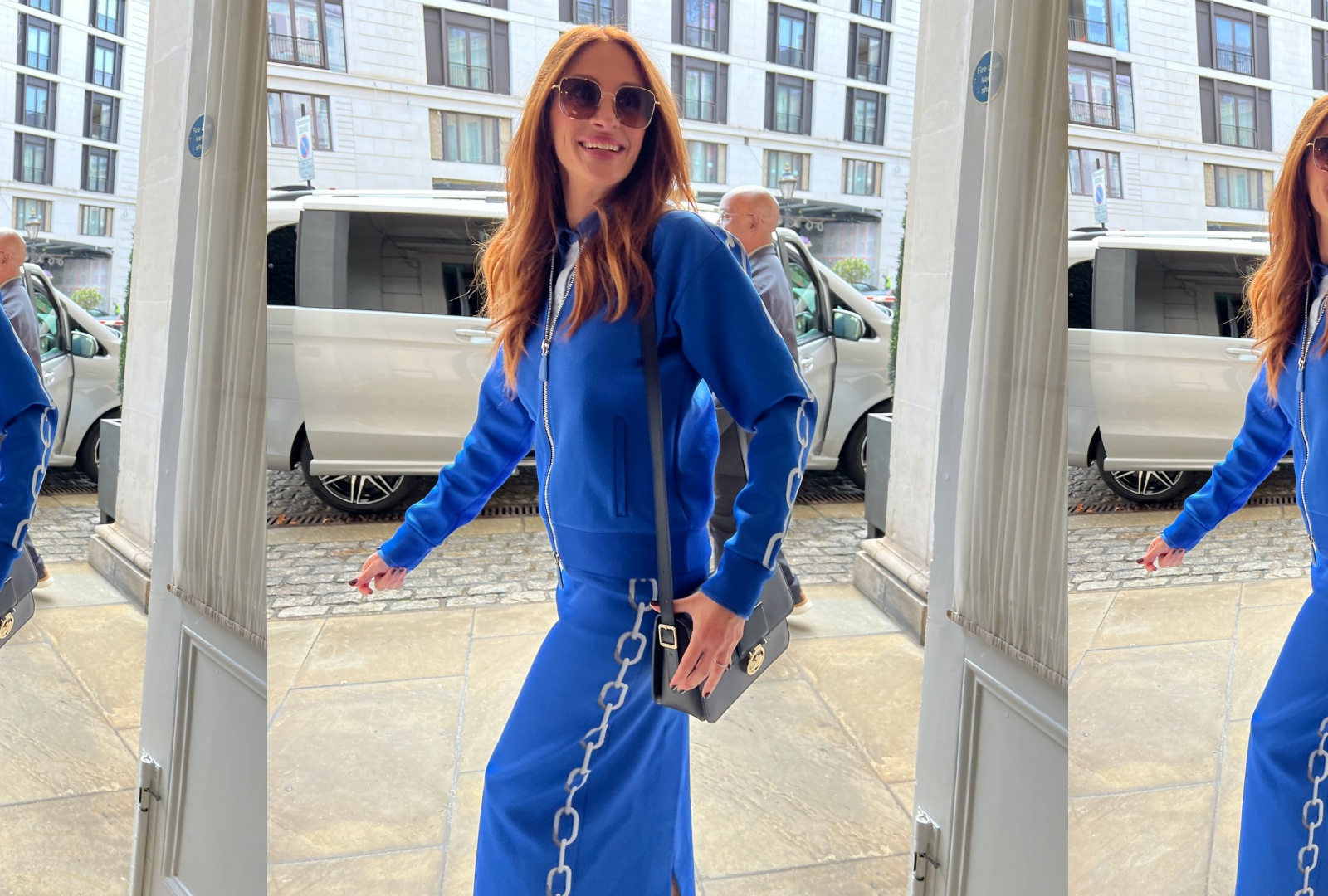 Julia Roberts身上背著LONCHAMP全新Box-Trot包款宣傳新作。（LONGCHAMP提供）