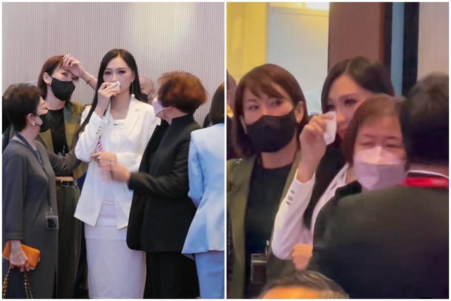 台灣佳麗高曼容出席2022世界創新與科技大會開幕式，卻因中國施壓無法上台揮舞國旗，難過流淚。（翻攝自余宛如臉書）