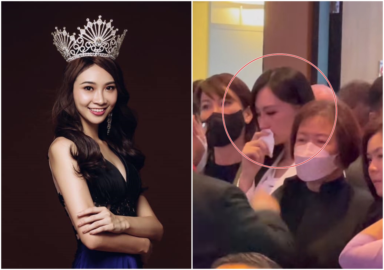 台灣佳麗高曼容出席國際活動時，遭到中國打壓無法上台揮舞國旗，讓她在台下難過落淚。（翻攝自高曼容／余宛如臉書）