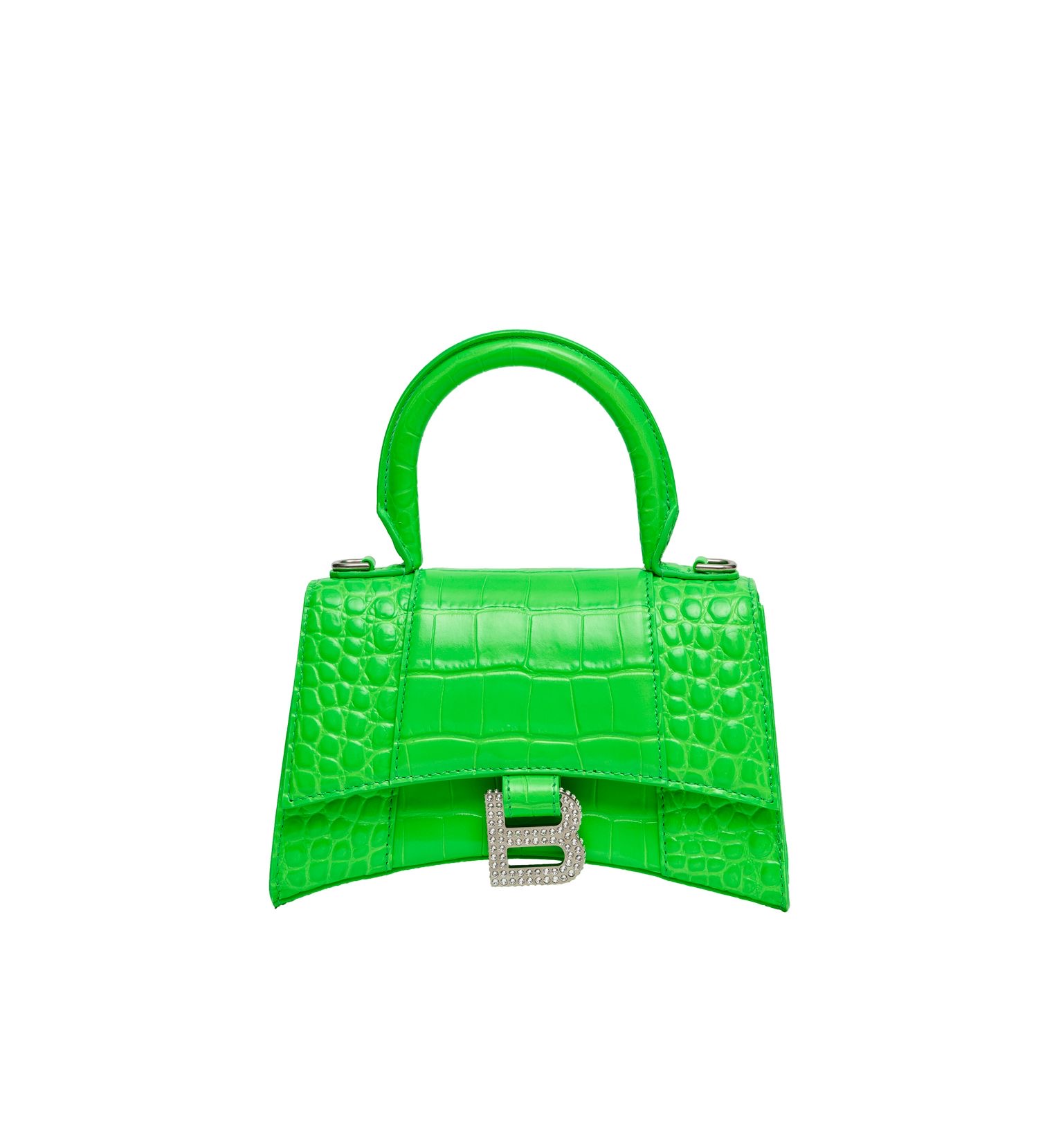 螢光綠HOURGLASS XS 手提包 NT$89,500 BALENCIAGA。（BALENCIAGA提供）