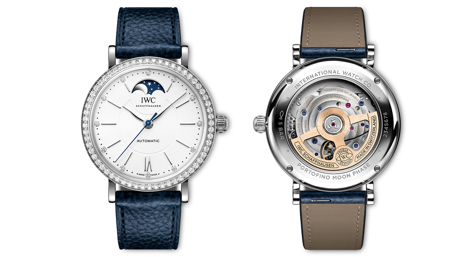 IWC Portofino Automatic Moon phase 37｜IW659601／錶徑37mm／不鏽鋼材質／時、分、秒、月相指示／ 32800自動上鍊機芯／動力儲存約120小時／錶殼鑲鑽60顆、面盤鑲鑽12顆／防水50米／定價NT$435,000。