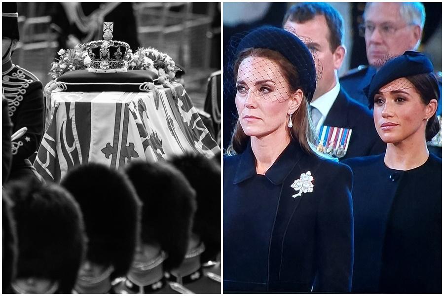 英國女王伊莉莎白二世(Queen Elizabeth II)靈柩從白金漢宮移靈至西敏寺,簡短追思儀式中梅根表情又再度掀起爭議。(翻攝自推特Royal Central)