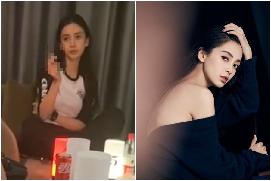 中國女星Angelababy在私下聚會中盤腿抽菸的畫面，被現場人士拍下外流。（翻攝自全球追星八百人、Angelababy微博）