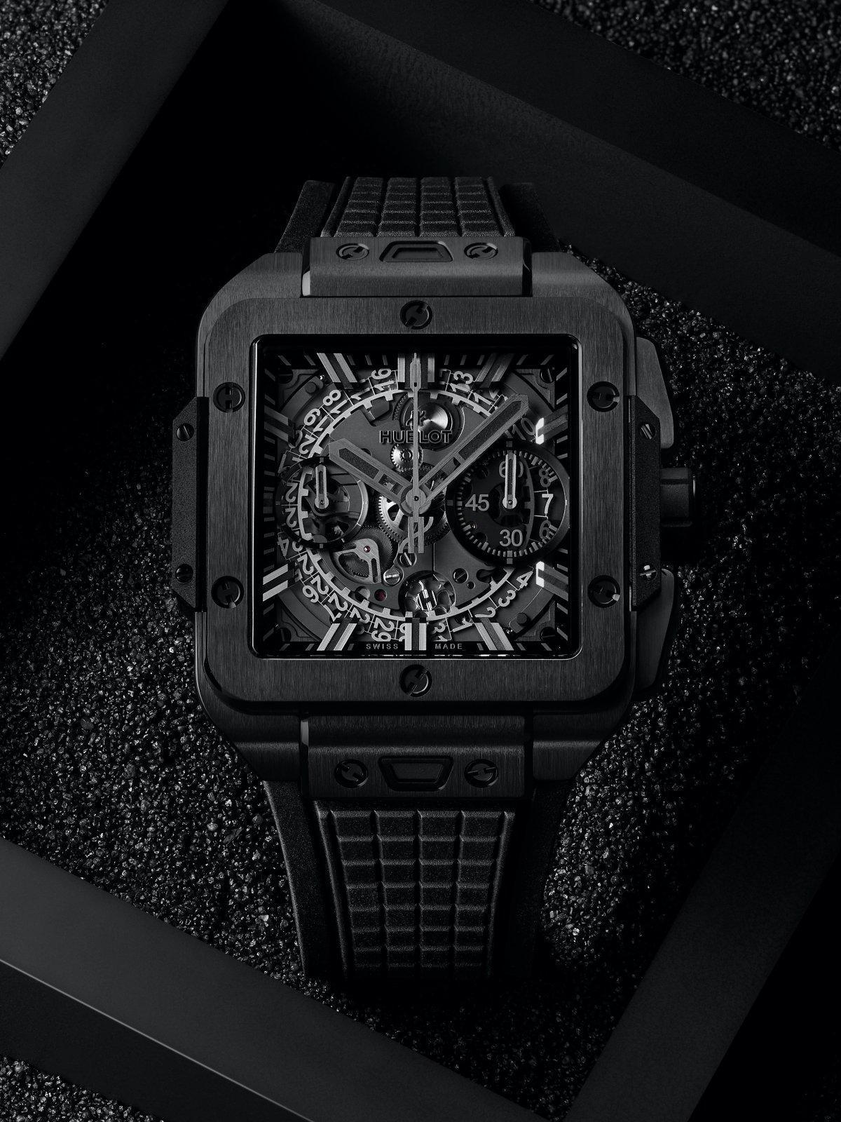 HUBLOT Square Bang Unico All Black 黑陶瓷計時碼錶。