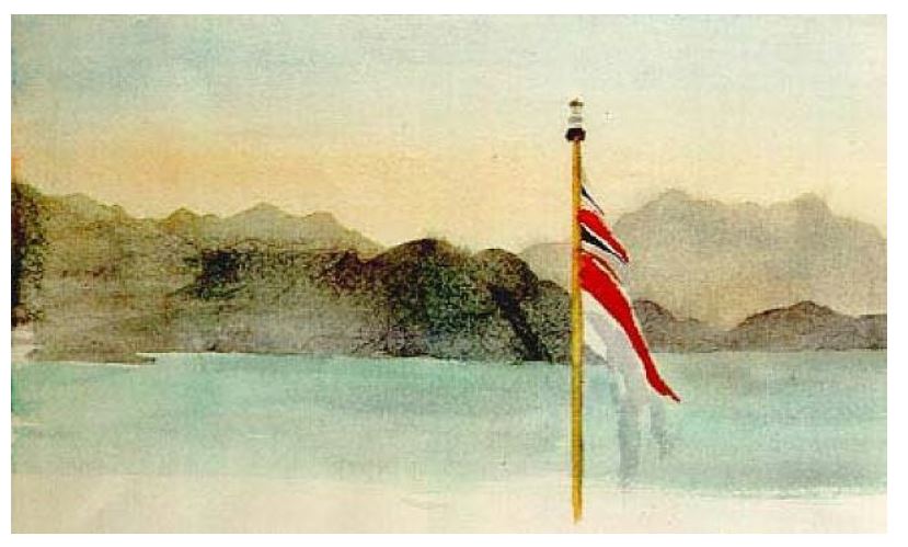 1991年繪製從不列顛尼亞號看到的香港。（Hong Kong from HMY Britannia, 1991，翻攝artnet.com）
