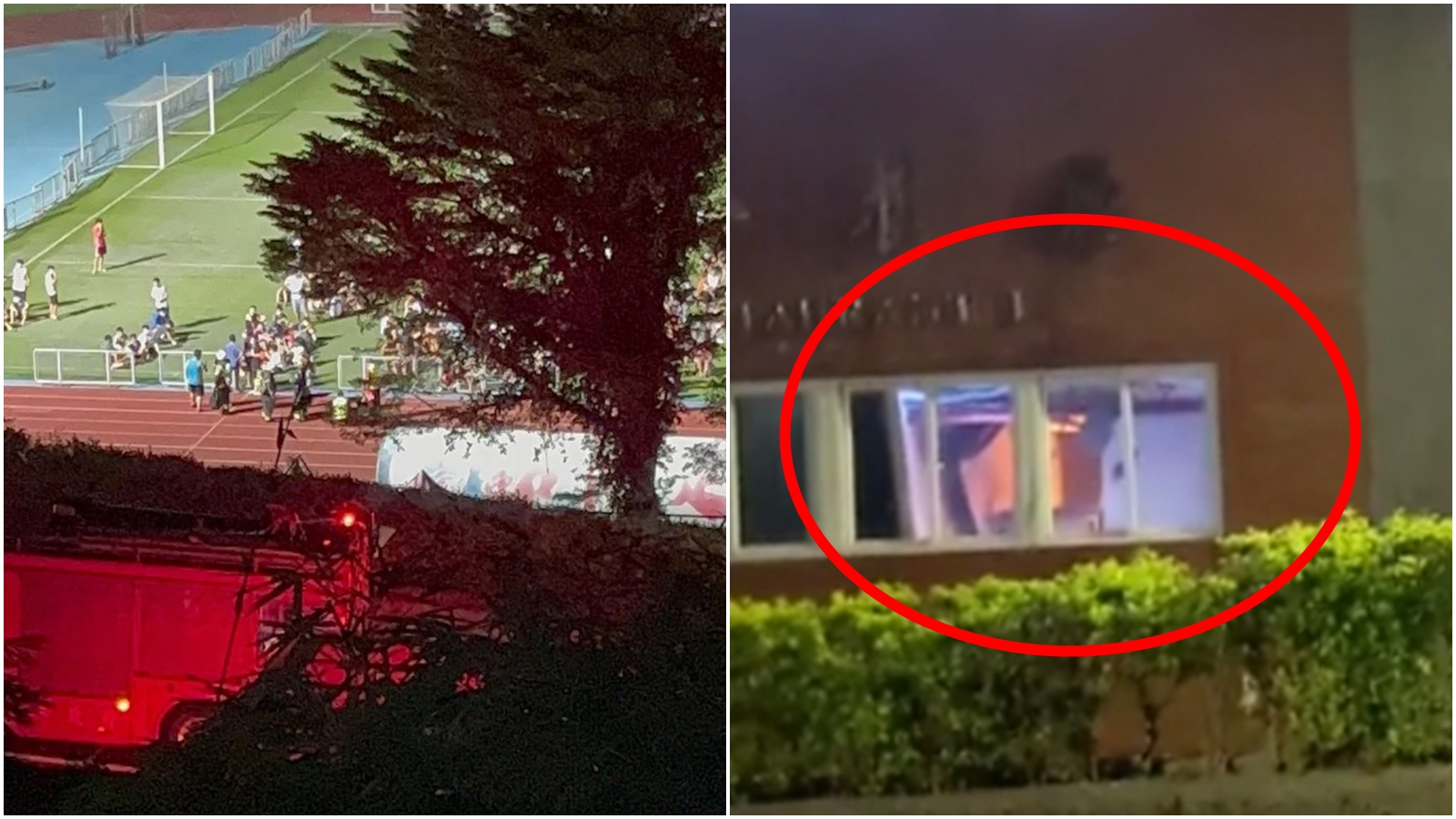 銘傳大學學餐突竄火光,住宿生急忙逃至操場。(翻攝自Dcard)